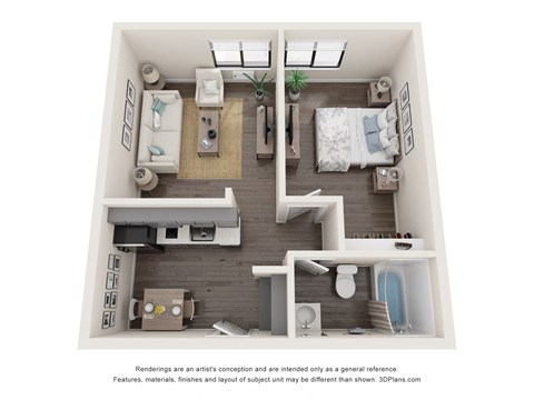 a 3d floor plan of a 1 bedroom apartment